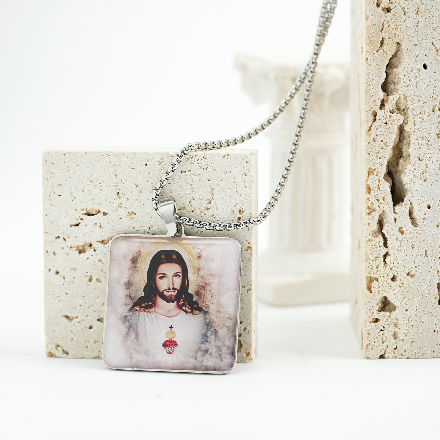 GIVE LUCK stainless steel brand painted pendant square 32 * 32 * 1.5mm silver - customized (including chain)
