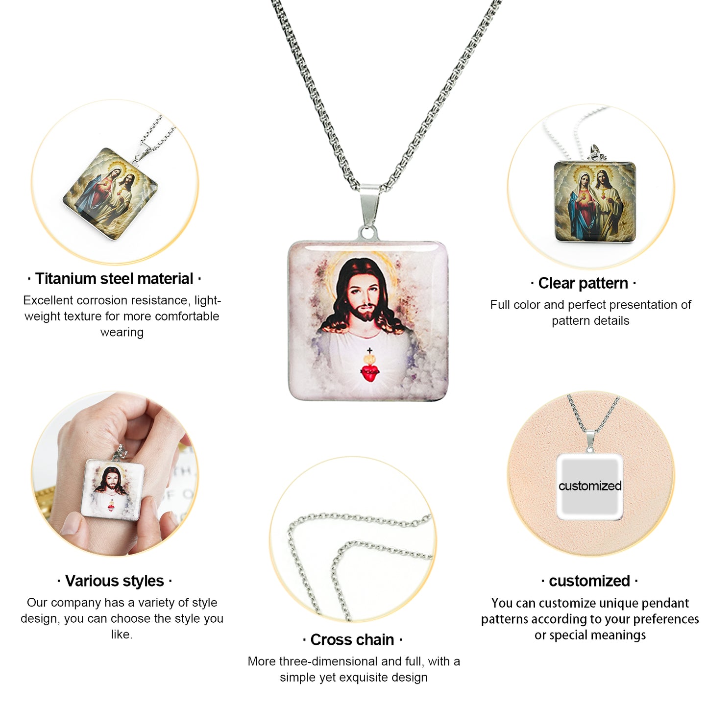 GIVE LUCK stainless steel brand painted pendant square 32 * 32 * 1.5mm silver - customized (including chain)