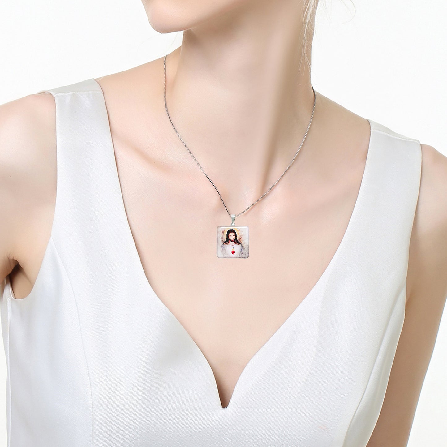 GIVE LUCK stainless steel brand painted pendant square 32 * 32 * 1.5mm silver - customized (including chain)