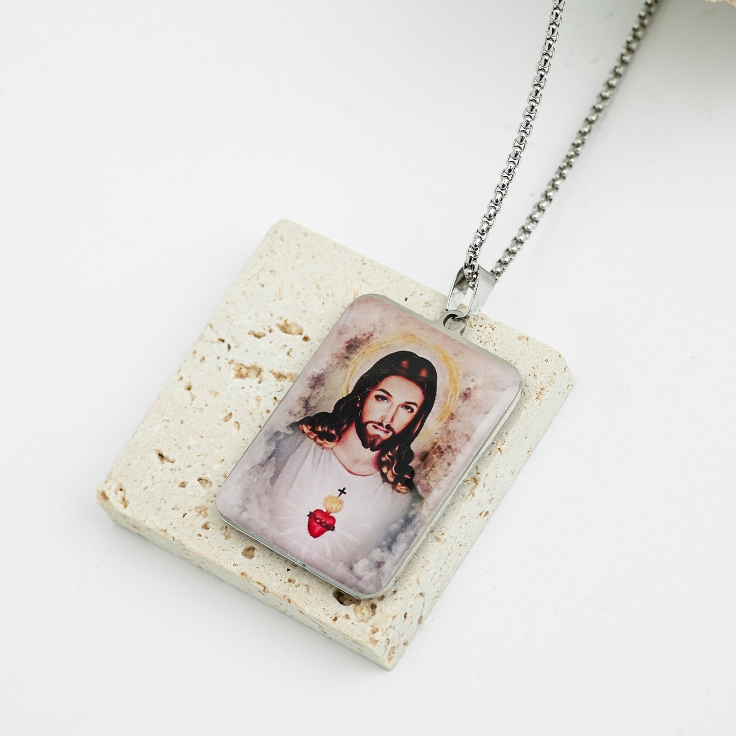 GIVE LUCK stainless steel brand painted pendant large rectangular 30 * 42 * 1.5mm silver - customized (including chain)
