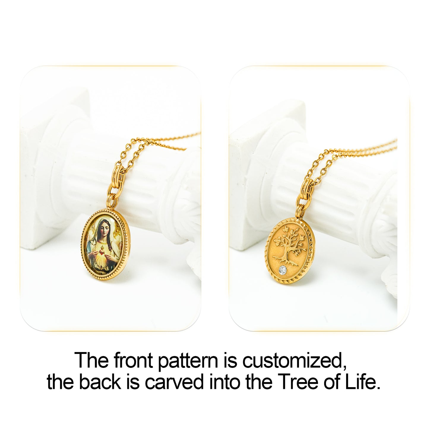 GIVELUCK Stainless steel front texture&back life tree oval gold pendant customization