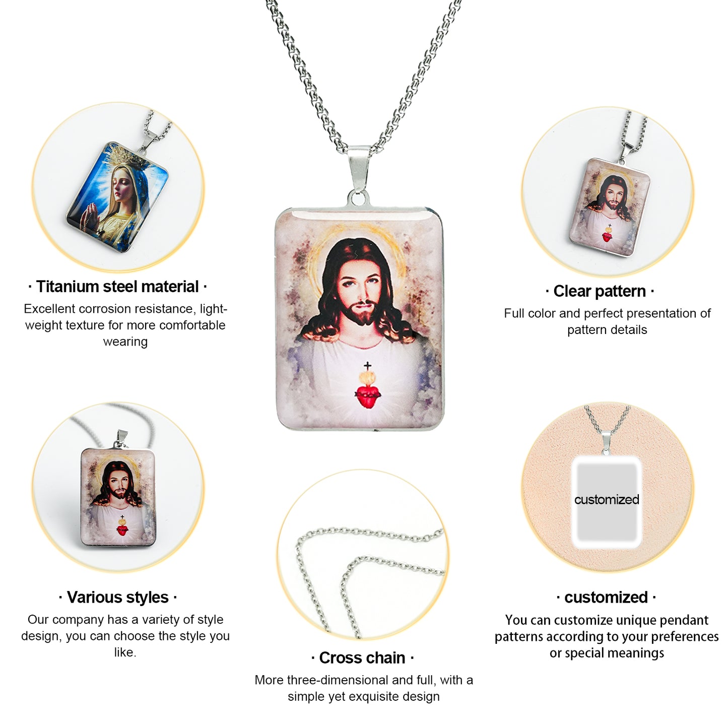 GIVE LUCK stainless steel brand painted pendant large rectangular 30 * 42 * 1.5mm silver - customized (including chain)
