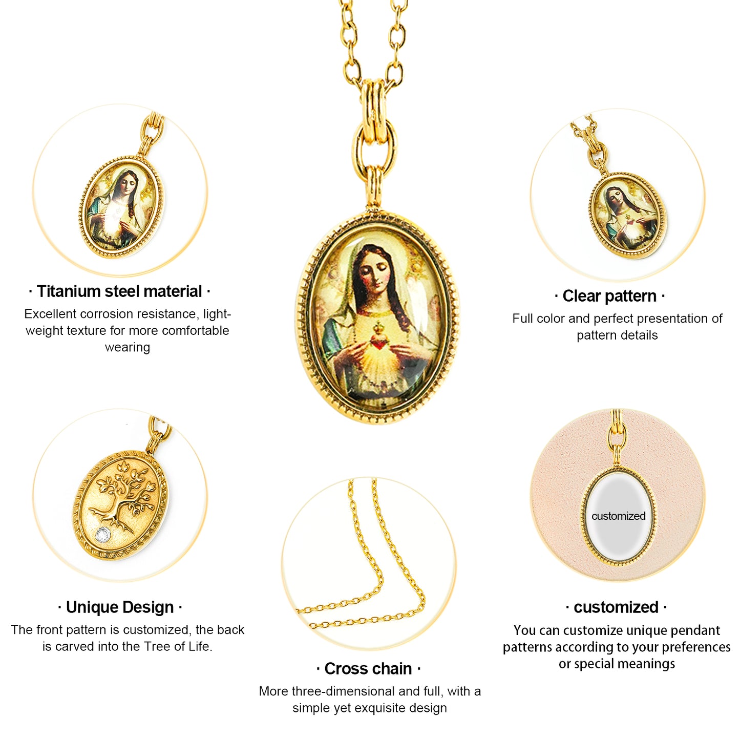 GIVELUCK Stainless steel front texture&back life tree oval gold pendant customization