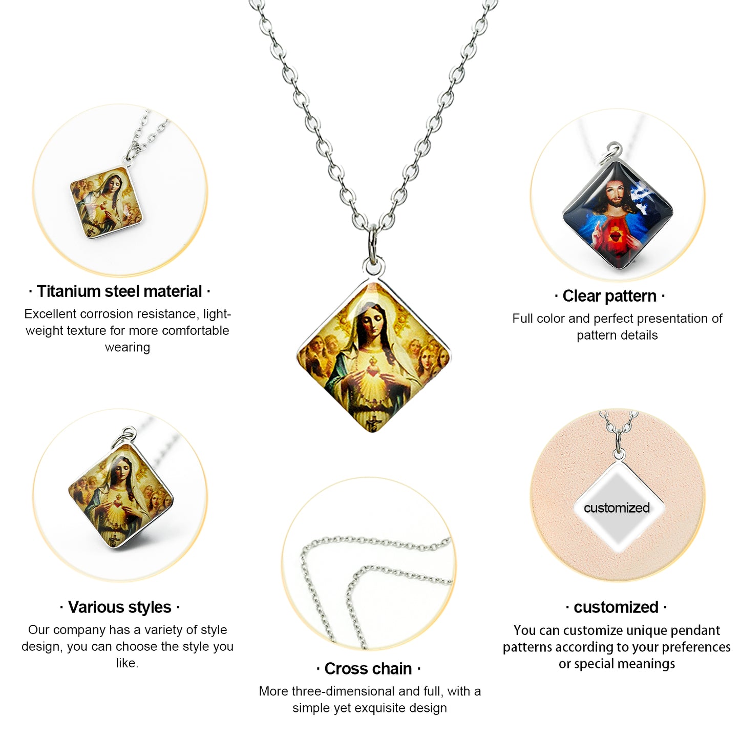 GIVE LUCK stainless steel plate painted 13mm diamond silver - customized (including chain)