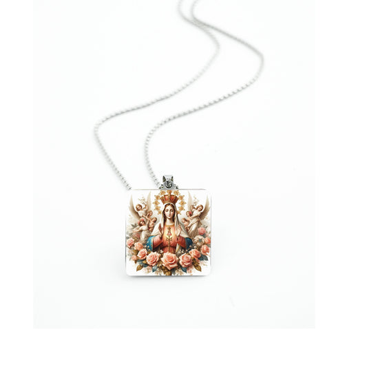 GIVE LUCK stainless steel brand painted pendant square 32 * 32 * 1.5mm silver - customized (including chain)
