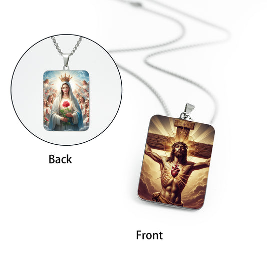 GIVE LUCK stainless steel brand painted pendant large rectangular 30 * 42 * 1.5mm silver - customized (including chain)
